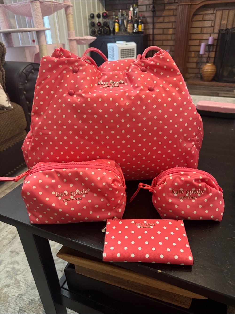 NWOT Kate Spade Coral Pink Polka Dot Tote w/ wallet, makeup & change pouch